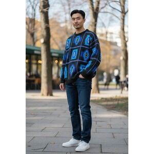 Vtg Adam Sloane Sweater Mens L Black Blue Aztec Knit Pullover Wool Tribal 90s